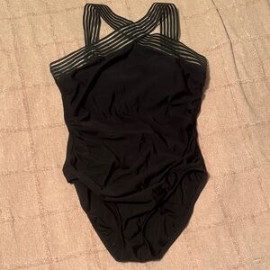 Aqua Green Black One-Piece Swimsuit with Mesh Straps